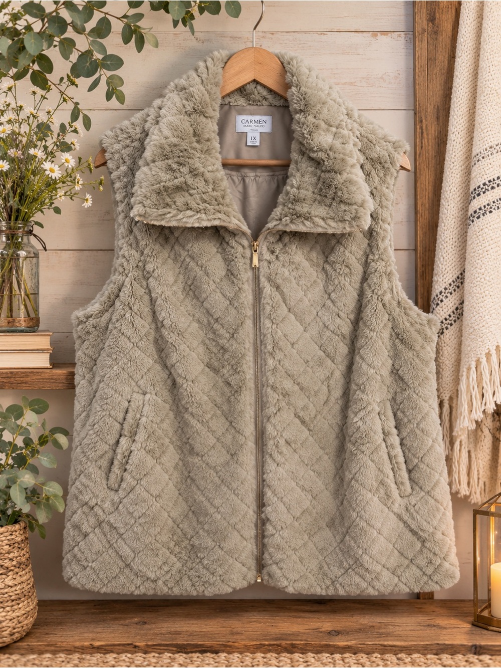 Carmen Marc Valvo Tan Quilted Faux Fur Vest Oversized Collar Luxe 1X
